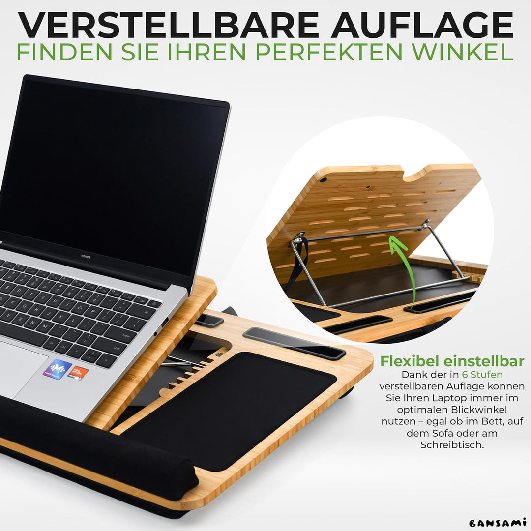 Knietablett Mit Kissen Aus Bambus, Verstellbare Laptop Unterlage Mit Handyhalter Und Mousepad, Lapto