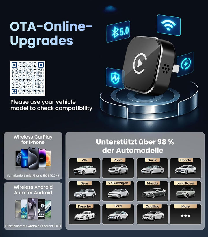 2026 CarPlay Wireless Adapter für Apple CarPlay & Android Auto, 2-in-1 Wired zu Wireless Car Play, K