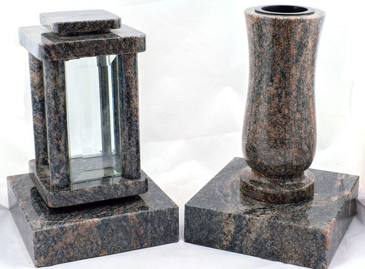 designgrab Modern Grablampe mit Vase und 2 Stück Sockel aus Granit Himalaya, Grabschmuckset