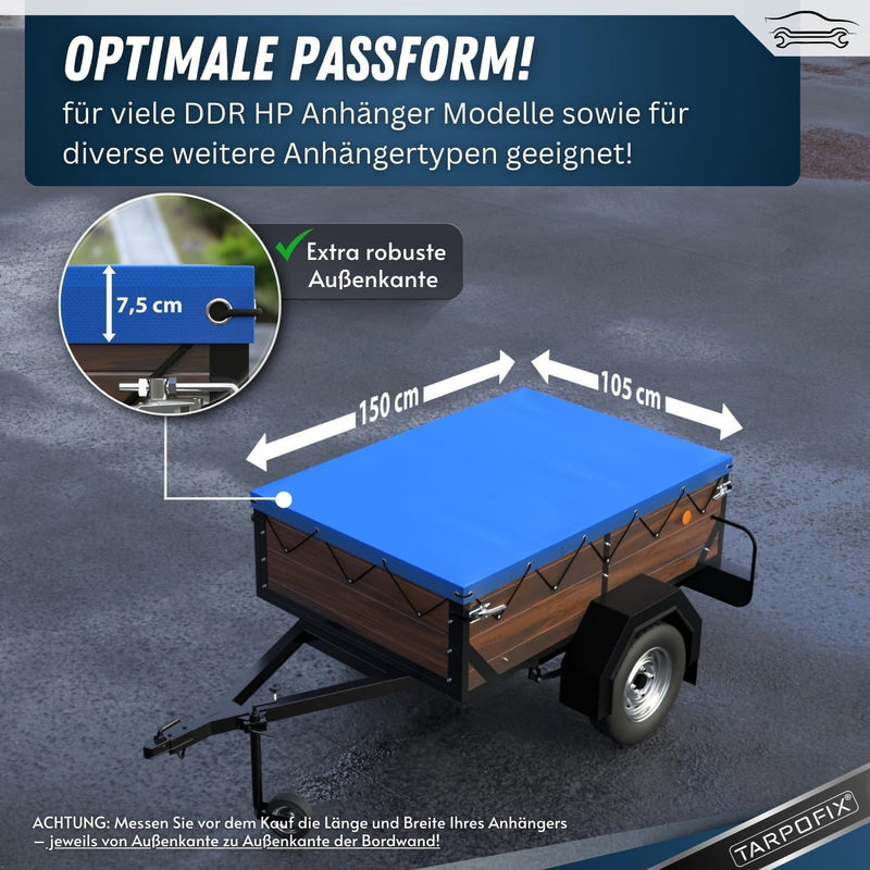 Tarpofix® Anhängerplane Flachplane 150 x 105 x 7,5 cm + 2x Planenbügel (verstellbar 100-145 cm) - ra
