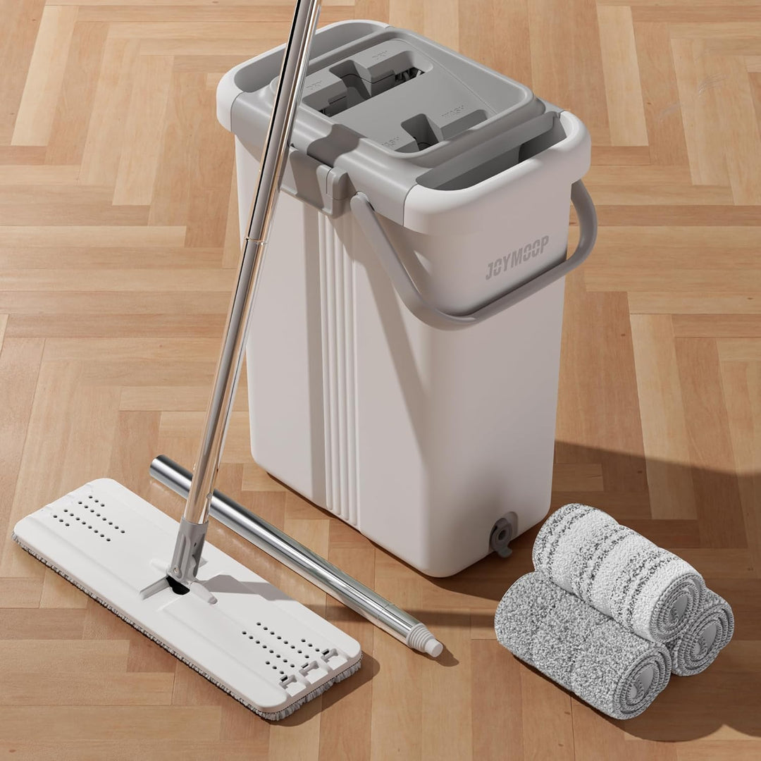 JOYMOOP Wischmopp und Eimer mit Auswringer-Set, Flacher Quetschmopp mit Eimer (X-Large), Staubwische