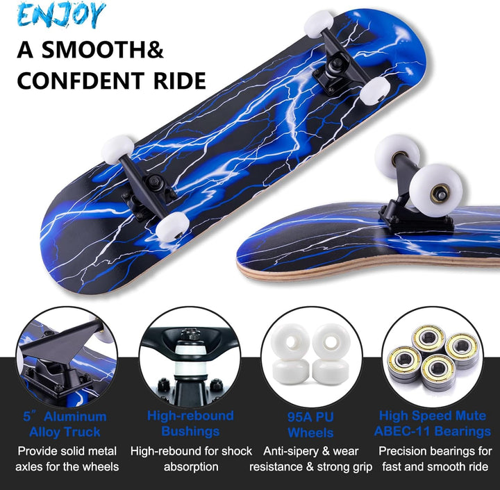 Skateboard, 31 x 8 Zoll komplettes Skateboard,8-lagiges Ahornholz, ABEC-11 Kugellager und 95A Rollen
