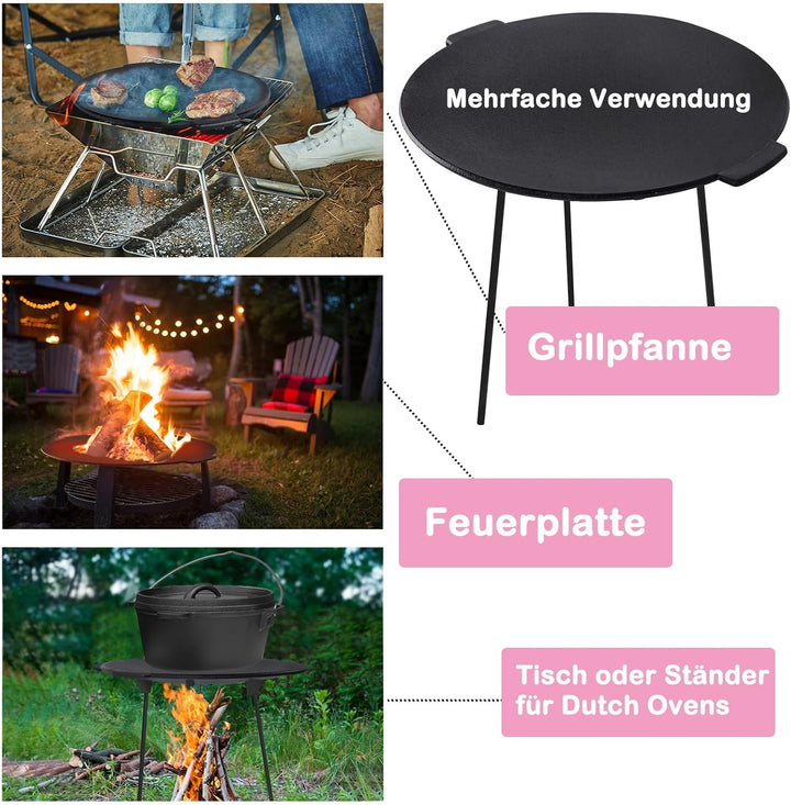 YUENFONG Gusseisen Grillpfanne mit 3 Beinen Grillplatte Gusseisen BBQ Ø 45cm, Dutch Oven Ständer Gus