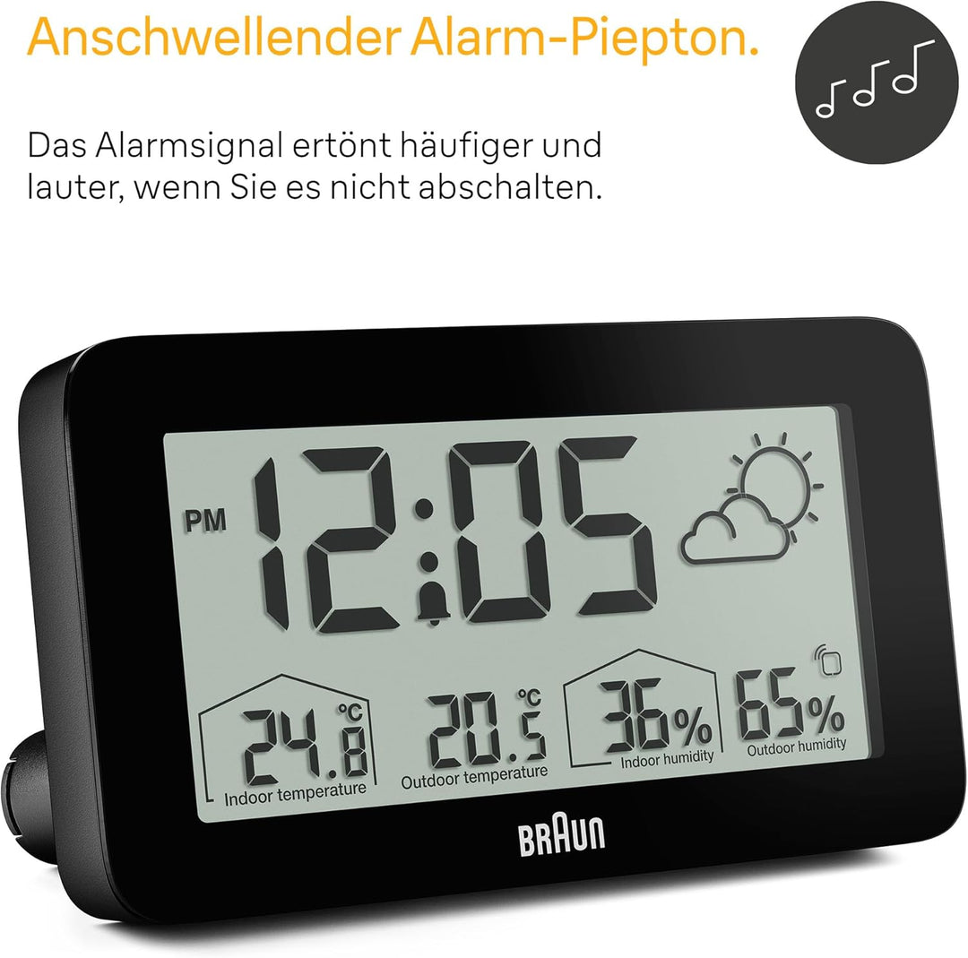 Digitale Braun-Wetterstationsuhr mit Anzeige von Innen- und Aussentemperatur sowie Luftfeuchtigkeit,