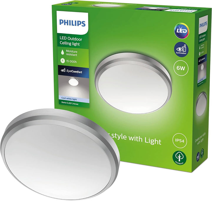 Philips Outdoor LED Deckenleuchte Doris, nickel, 6W, kaltweisses Licht 4.000K, IP54 Schutzklasse, in