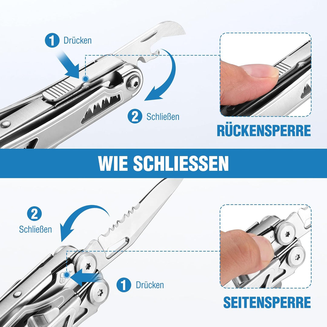 FLISSA Multifunktionszange 19-in-1, Multitool mit Glasbrecher und Feuerstarter, faltbares Multifunkt