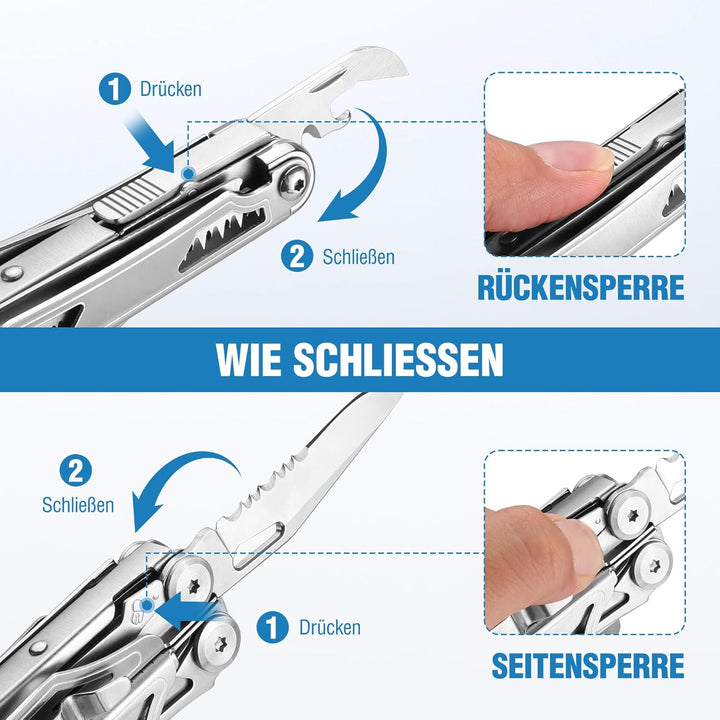 FLISSA Multifunktionszange 19-in-1, Multitool mit Glasbrecher und Feuerstarter, faltbares Multifunkt