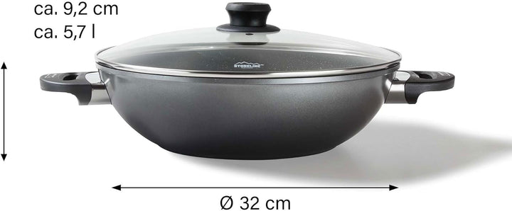 Stoneline Wok 32 cm, mit Deckel, Aluguss, Wok Pfanne beschichtet mit echten Steinpartikeln, grau, oh
