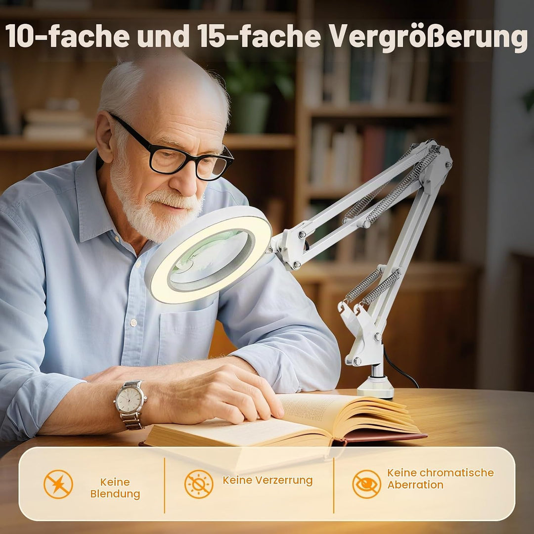 2-in-1 Lupe mit Licht und Ständer, Jubor 15X 10X LED Lupenleuchte mit Klemme und Basis, Schreibtisch