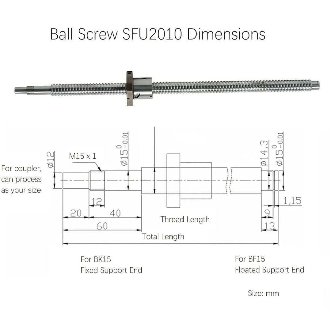Coavoo SFU2010 200mm Kugelumlaufspindel, Gewindeteigung Spielfreie Kugelgewinde C7 mit Kugelgewindem