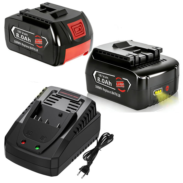 2X 18V 8.0Ah/8000mAh Ersatzakku für Bosch akku + Ladegerät für 14,4V-18V BAT618 BAT618G BAT609 BAT60