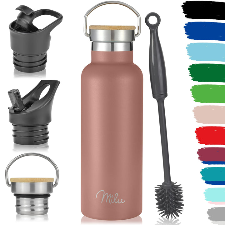 Milu Edelstahl Trinkflasche 350ml 500ml 750ml 1000ml (+3 Deckel) - Thermosflasche mit Strohhalm, Iso