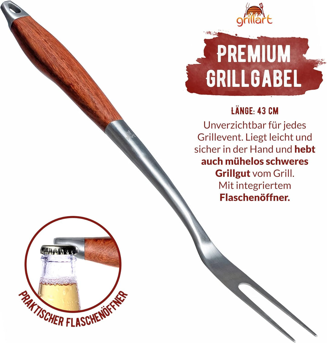 grillart® Premium Grillbesteck Set, 3-teilig aus hochwertigem Edelstahl und edlen Holzgriffen – Gril