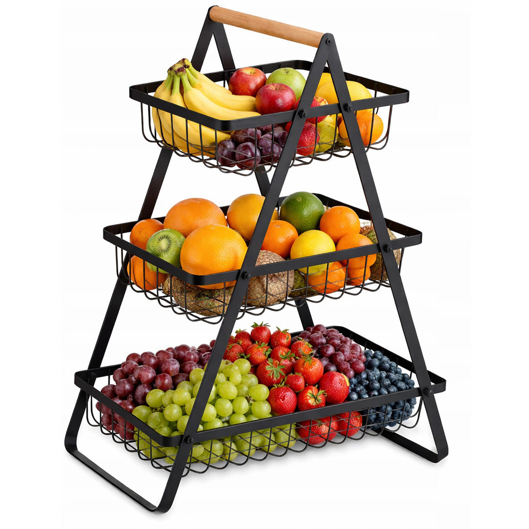 Dreistöckiger Obstkorb mit 3 Ebenen – Platzsparende Obstschale & Obsetagere aus Metall mit Holzgriff
