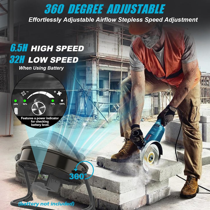 12 Zoll Akku Ventilator für Makita 18V Batterie, Tragbarer Bodenventilator mit Netzteil und USB-Ausg