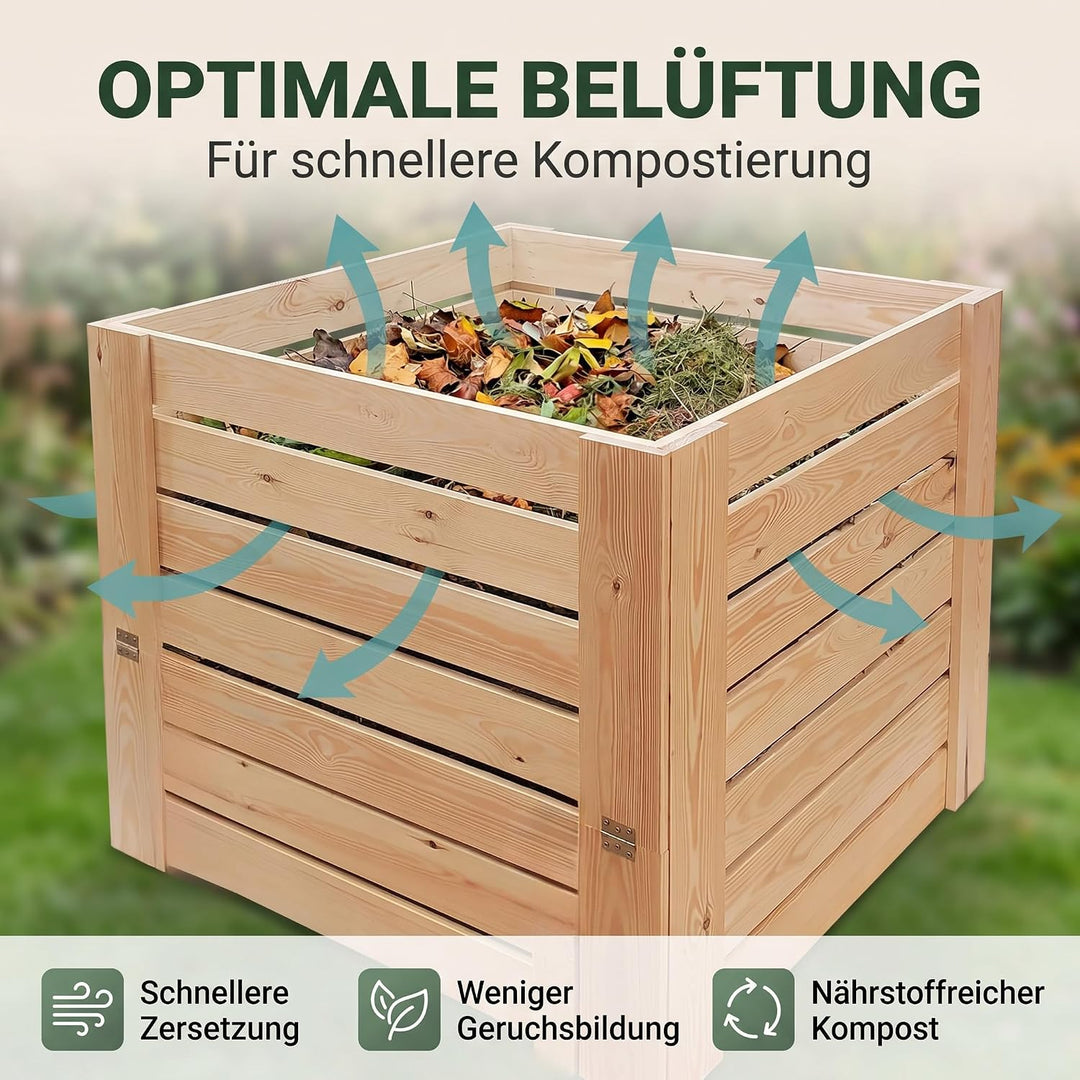 VELORA H&amp;L Gartenkomposter 512 L - Komposter aus Naturholz mit Entnahmeklappe unten, Kompostbehälter