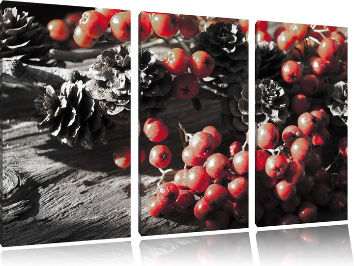 Pixxprint Vogelbeeren und Tannenzapfen als Leinwandbild/Grösse: 3 Teilig (120x80 cm) cm/Wandbild/Kun