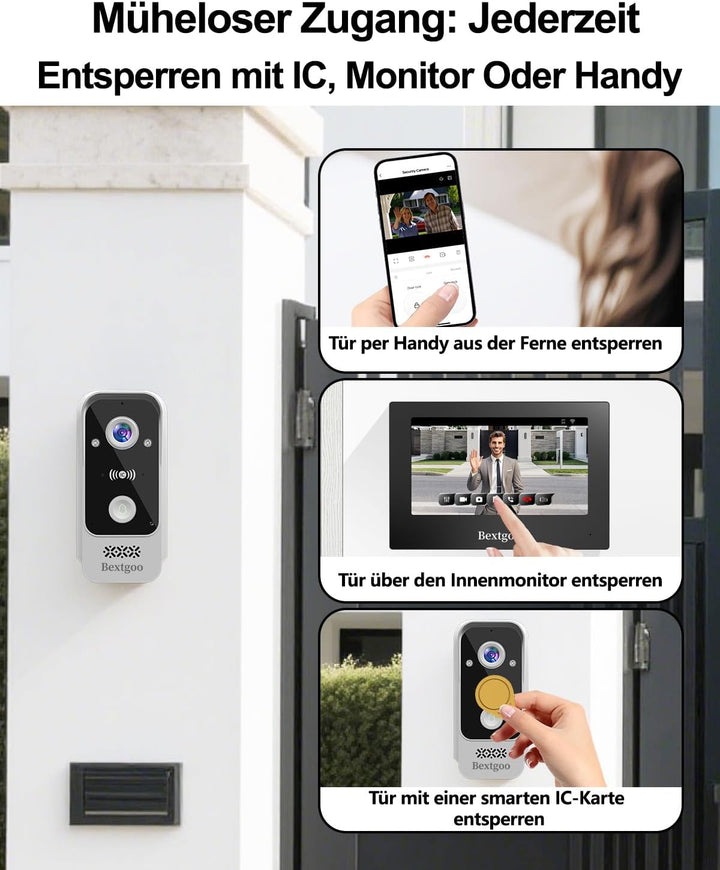 2K Türsprechanlage mit Türöffner, Video Türklingel mit Kamera WLAN mit 7" Touchscreen, App, IC Card