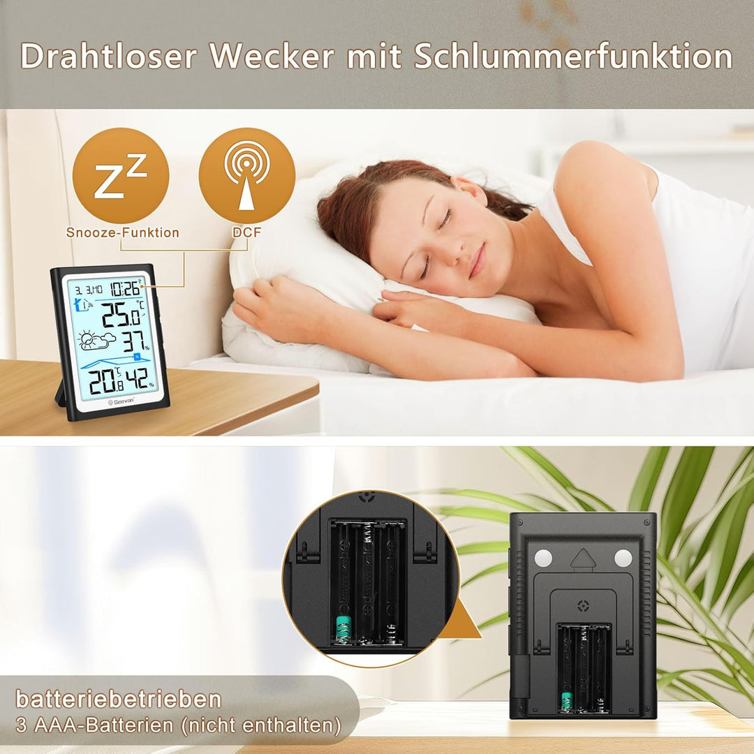 Geevon Wetterstation Funk mit Aussensensor, DCF Digital Wettervorhersage, Innen/Aussen Temperatur Hy