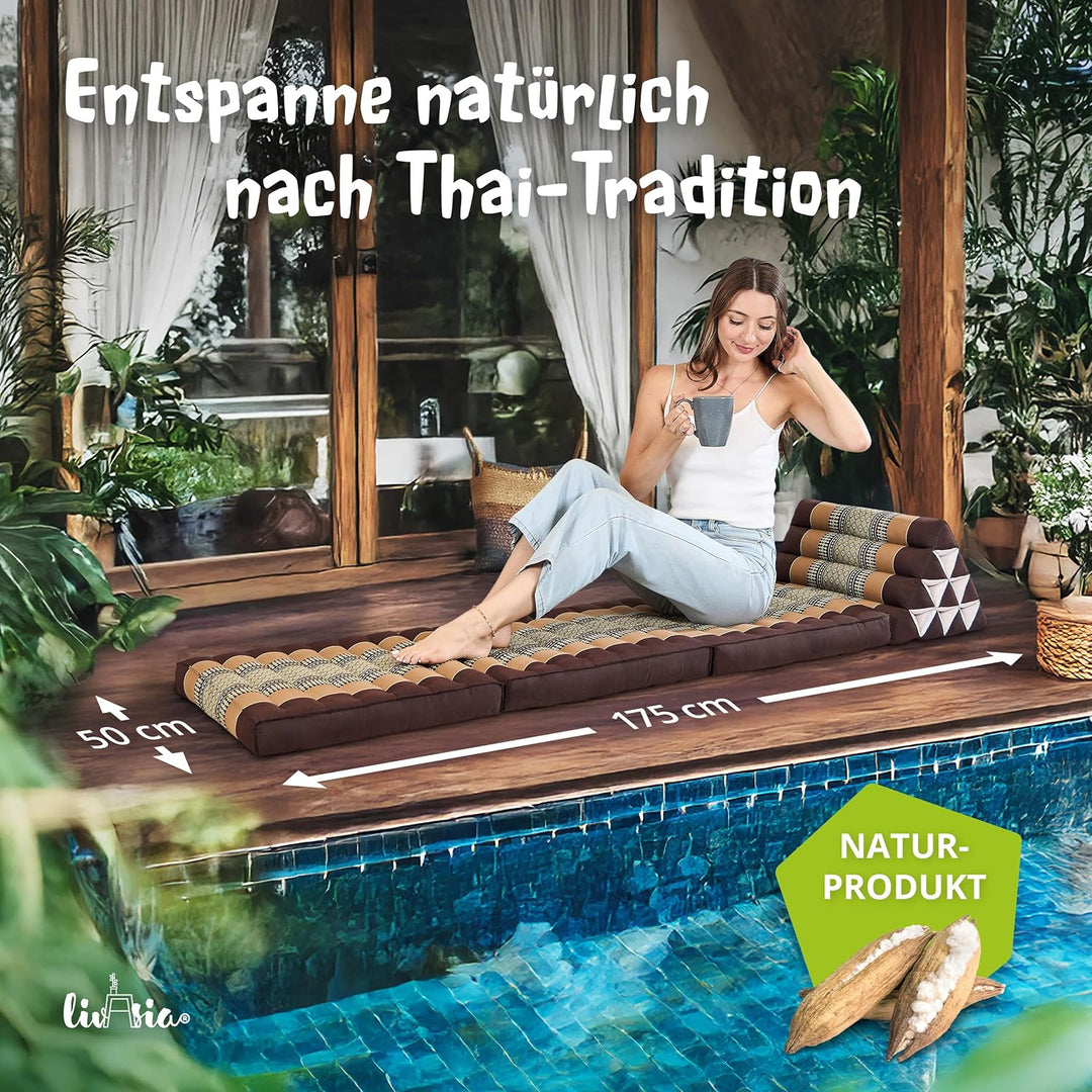 livasia Thaikissen mit 3 Auflagen, Dreieckskissen mit Klappmatratze, Keilkissen Kapok, Rückenkissen