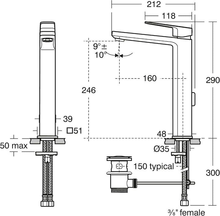 Ideal Standard A6328AA Tonic II Waschtischarmatur verlängerter Sockel mit Zugknopf-Ablaufgarnitur ve