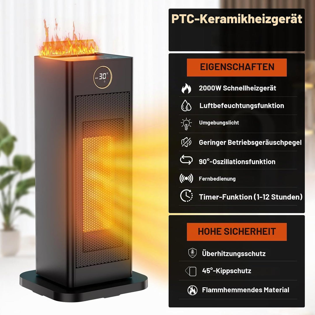 LIFERUN 2000W Keramik Heizlüfter Energiesparend mit Luftbefeuchter led Flammenlicht, Leise, 2S Wärmt