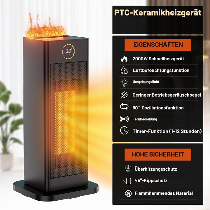 LIFERUN 2000W Keramik Heizlüfter Energiesparend mit Luftbefeuchter led Flammenlicht, Leise, 2S Wärmt