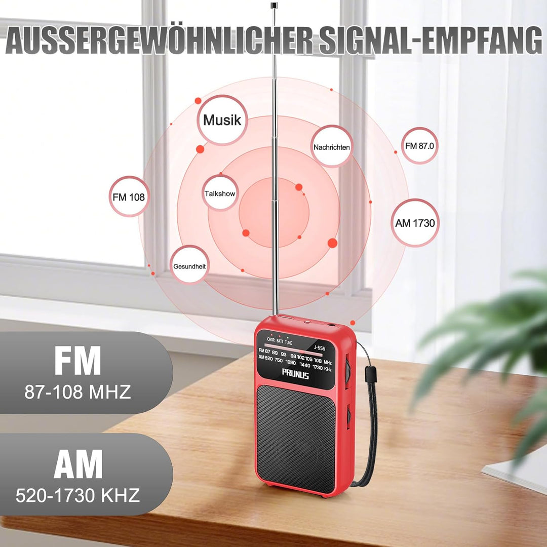 PRUNUS J-555 AM/FM/UKW Radio Klein, Kleines Radio mit Akku, USB-C-Laden, Mini Radio Batteriebetriebe