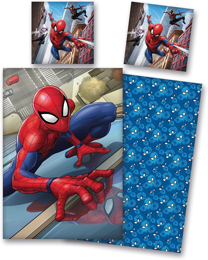 AYMAX Spiderman Bettwäsche Set 80 x 80 cm + 135 x 200 cm 100% Baumwolle, Blau