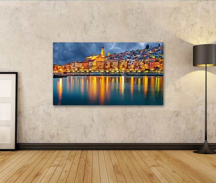 islandburner Bild auf Leinwand Provence Dorf Menton Nach Sonnenuntergang Bilder Wandbilder Poster, 8
