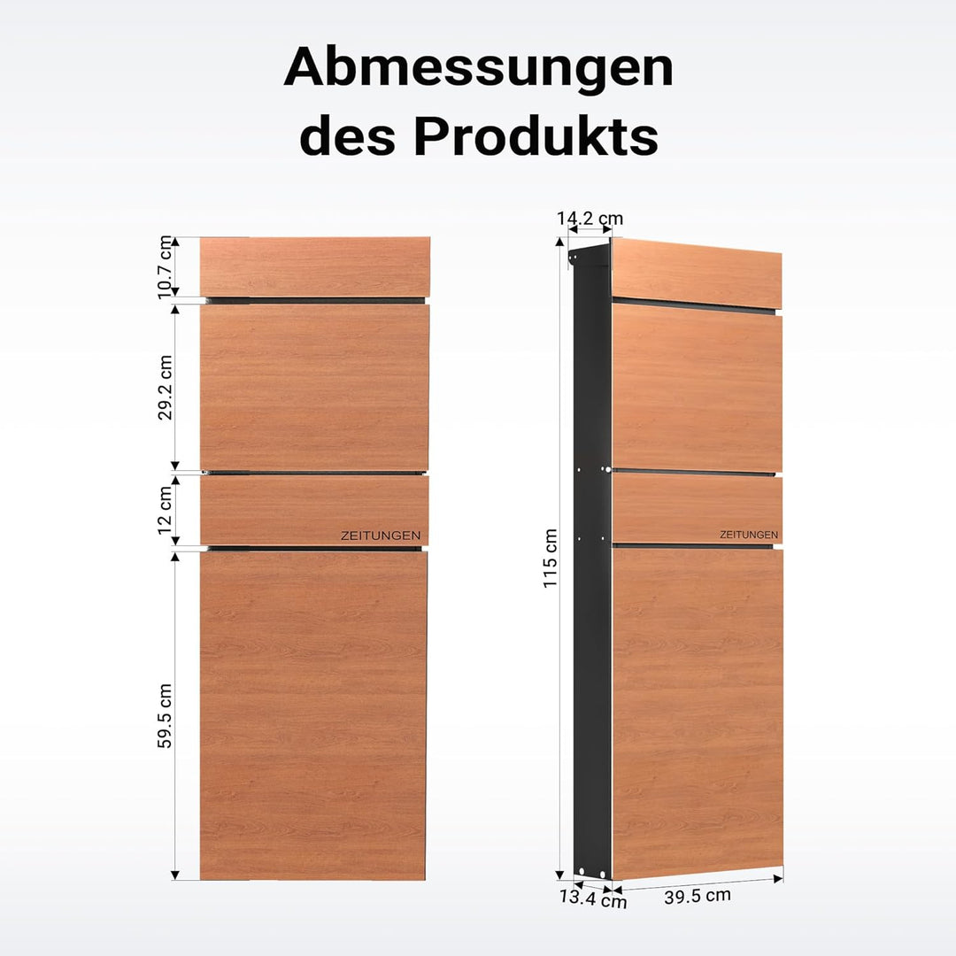 Wiltec Standbriefkasten mit Zeitungsrolle in Holzoptik 395 x 142 x 1150 mm aus Stahl, Briefkasten mi