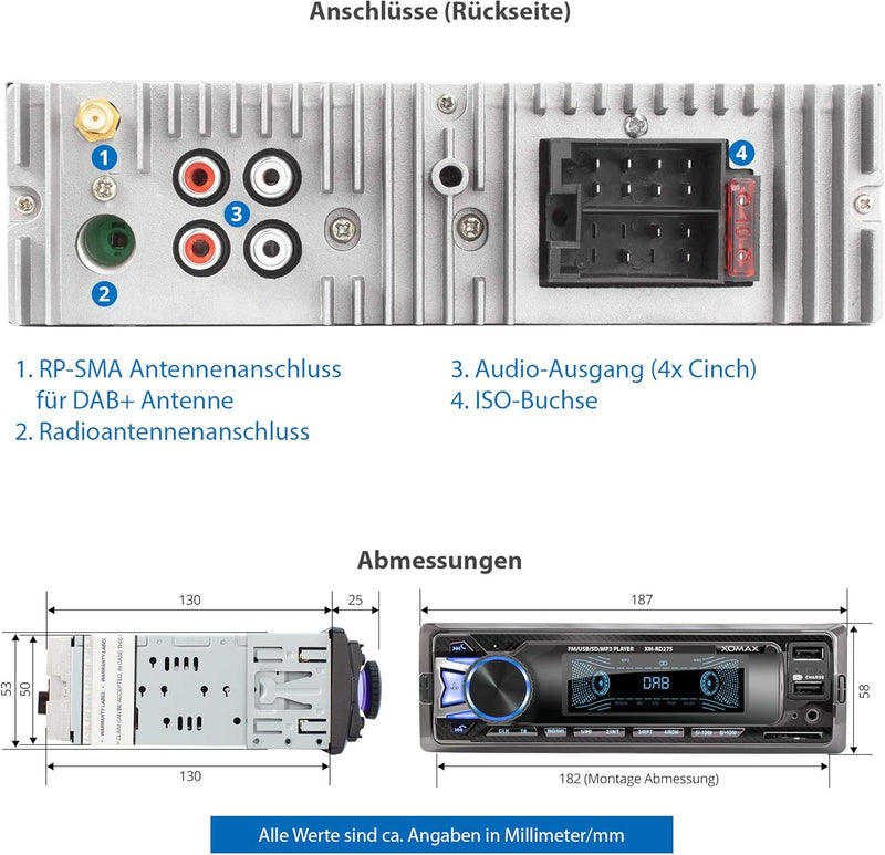 XOMAX XM-RD275 Autoradio mit DAB+ Tuner und Antenne I FM RDS I Bluetooth Freisprecheinrichtung I USB