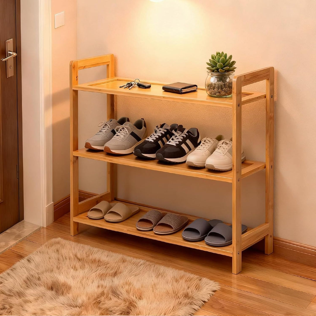 LEADZM Schuhregal, Schuhschrank, Bambus Schuhbank mit 3 Ablagen, für Flur, Bad, Wohnzimmer, Diele, 6