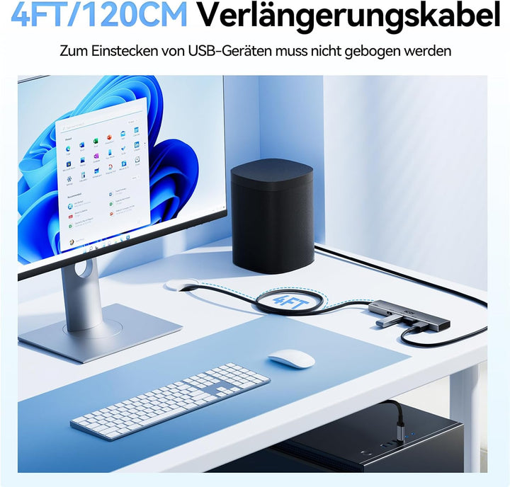 ICZI USB C Hub 4 Port 10Gbps Verteiler Multiport Adapter 120cm Kabel mit 2*USB C 3.2 und 2*USB A 3.2