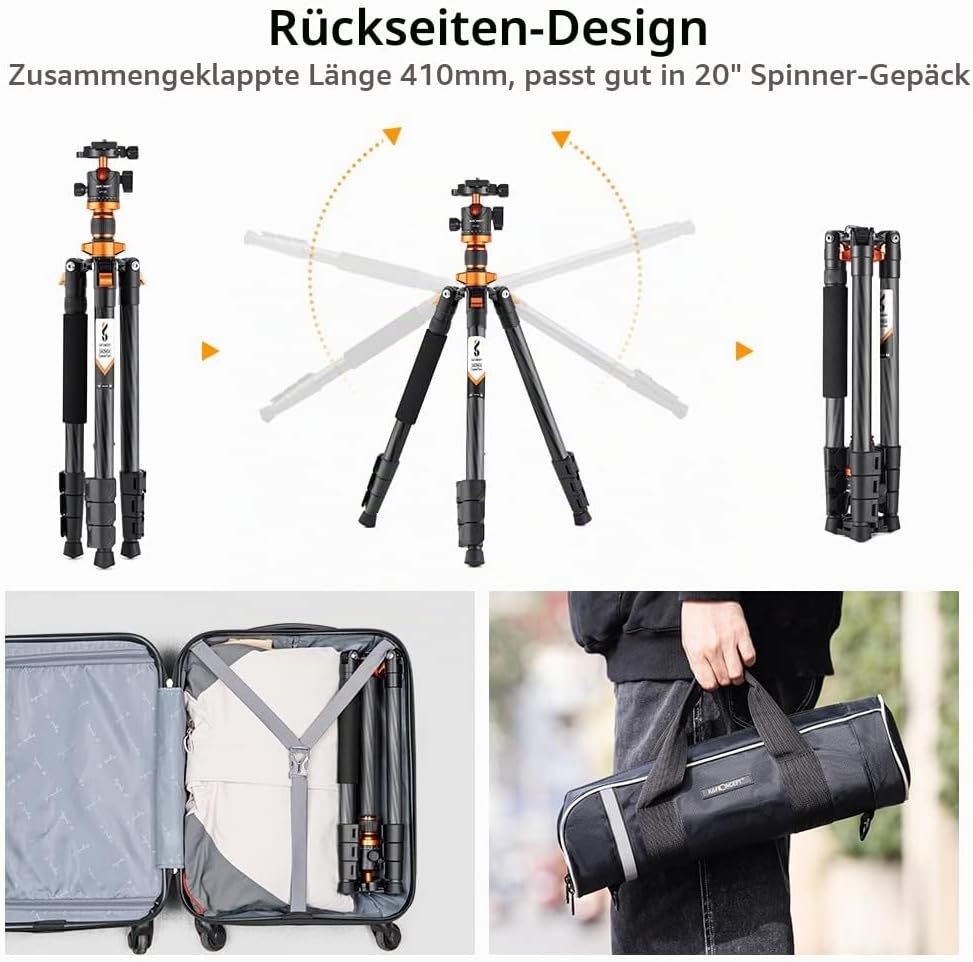 K&amp;F Concept Carbon Stativ Kamera Stativ, kompaktes D254C1(SA254C4) Reisestativ Stativ Kamera, Tripod