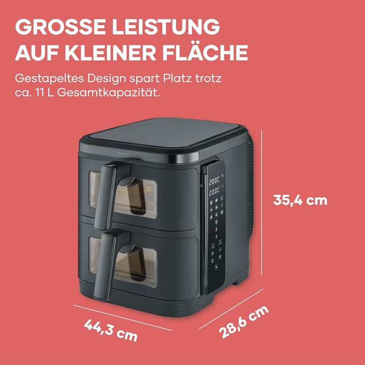 Severin Duo Stack Heissluftfritteuse, 2 x 5,5 L Garraum, 2 Kammern, gesundes Kochen, 9 Automatik-Pro