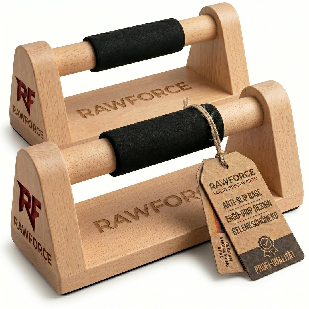 RawForce 2x Liegestützgriffe aus Holz - Joint-Friendly & Rutschfest - Parallettes Push Up Bar - Hand