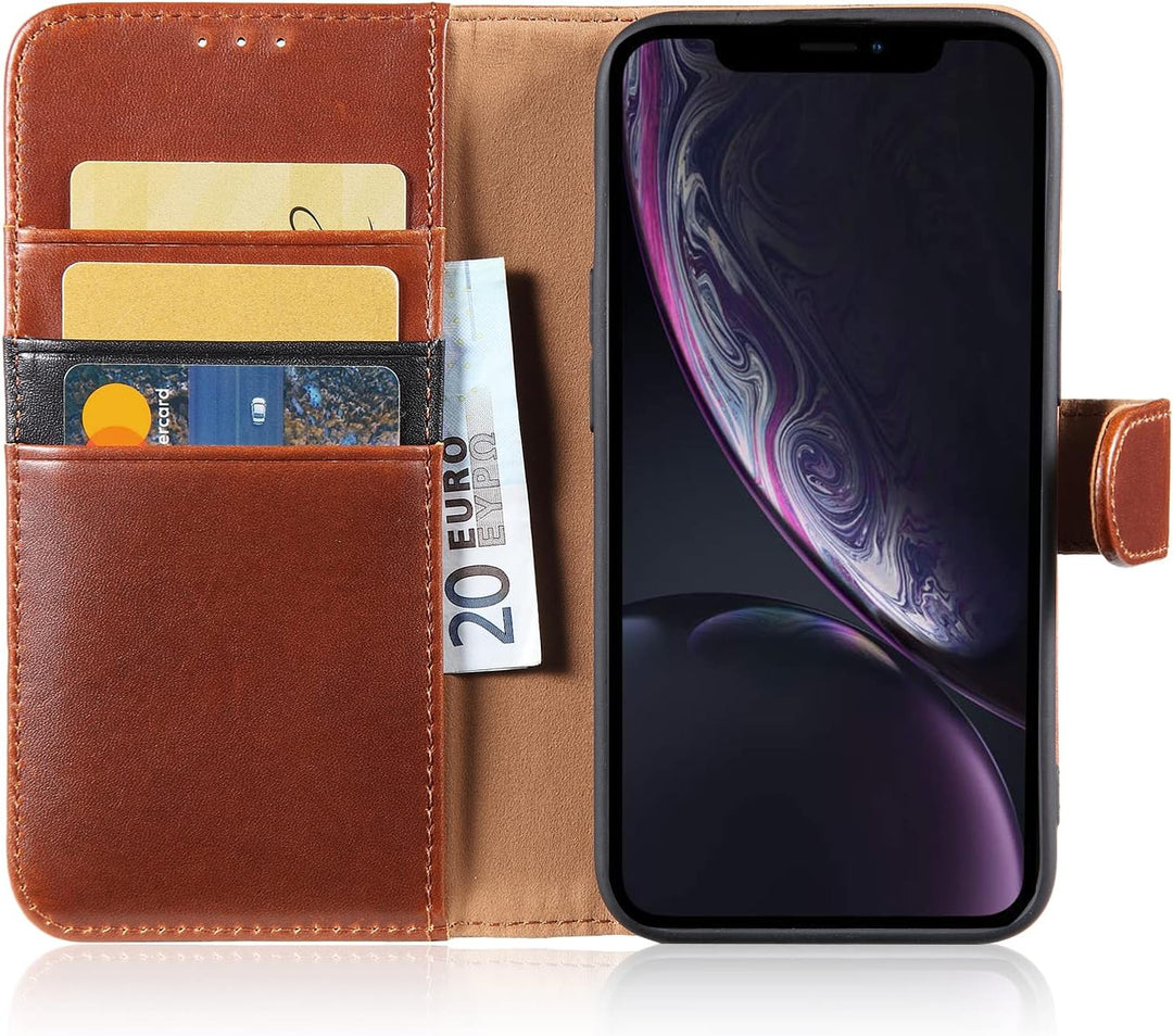 LENSUN Echtleder Hülle für iPhone XR, Handyhülle Leder [Kartenfach][Magnetverschluss][RFID Schutz] H