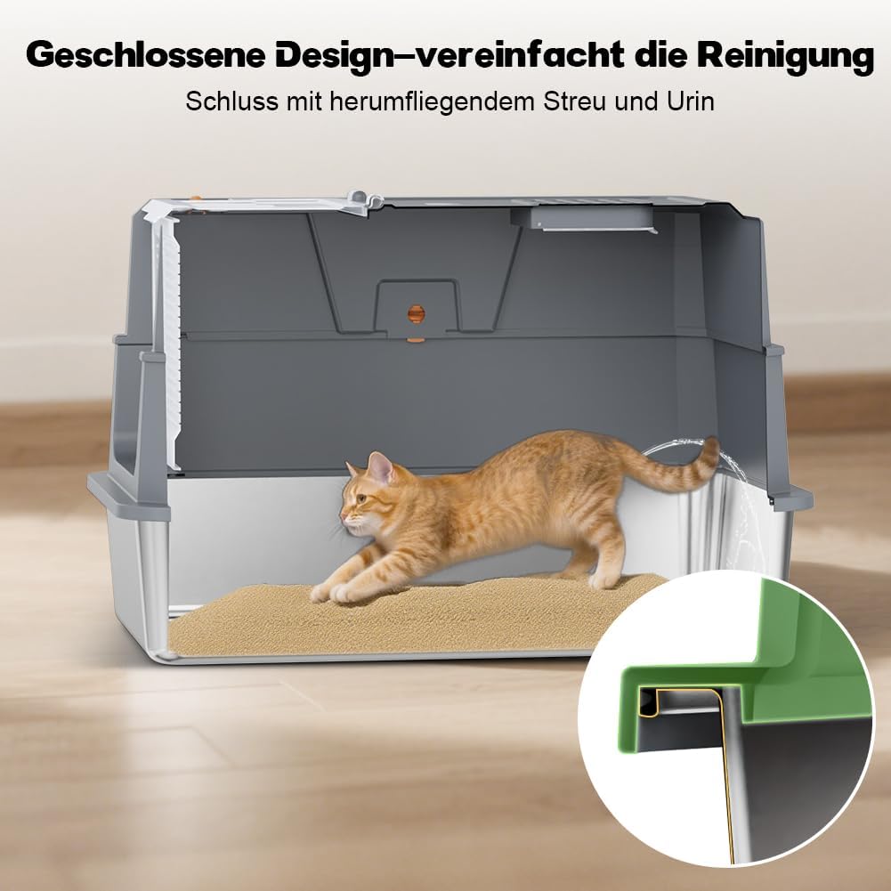 SZEE XL Edelsthal Katzenklo mit 180° Klappdeckel, Grosse Geschlossene Katzentoilette Edelstahl mit D