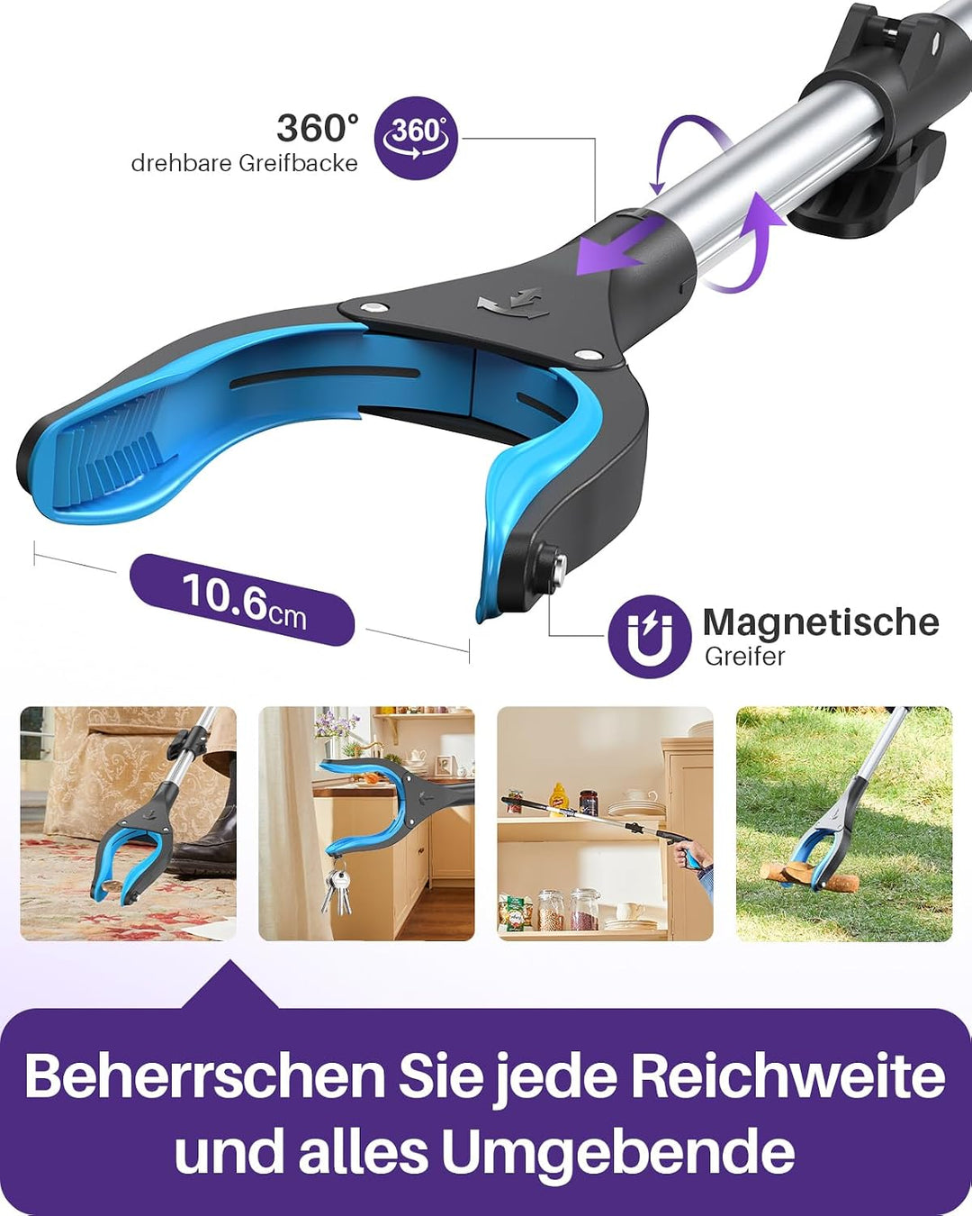 Kekoy Greifer für Senioren Testsieger 81cm Robuste Aluminium, Eisblau | Müllzange Greifzange Profi,