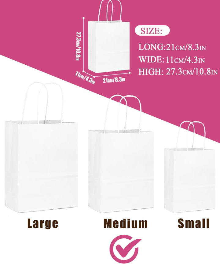 Gcardist 100-Packs weisse Geschenk-Taschen mit Griffen Bulk 11"x8.3"x4.3" Medium Size Paper Bags Mul