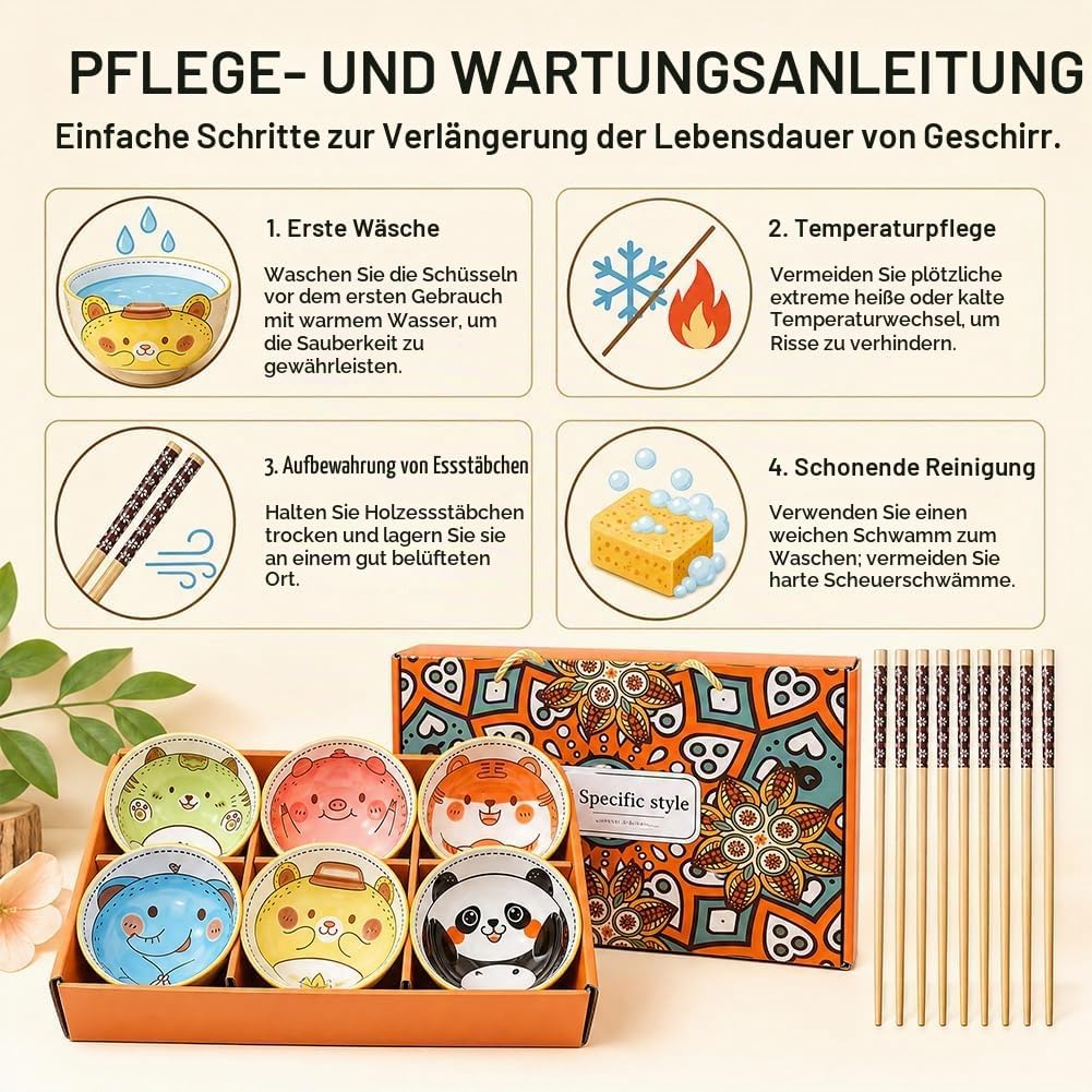 DASIAUTOEM 6er Müslischalen aus Porzellan, Japanisches Bunt Cartoon Design, Dessertschalen für Kinde