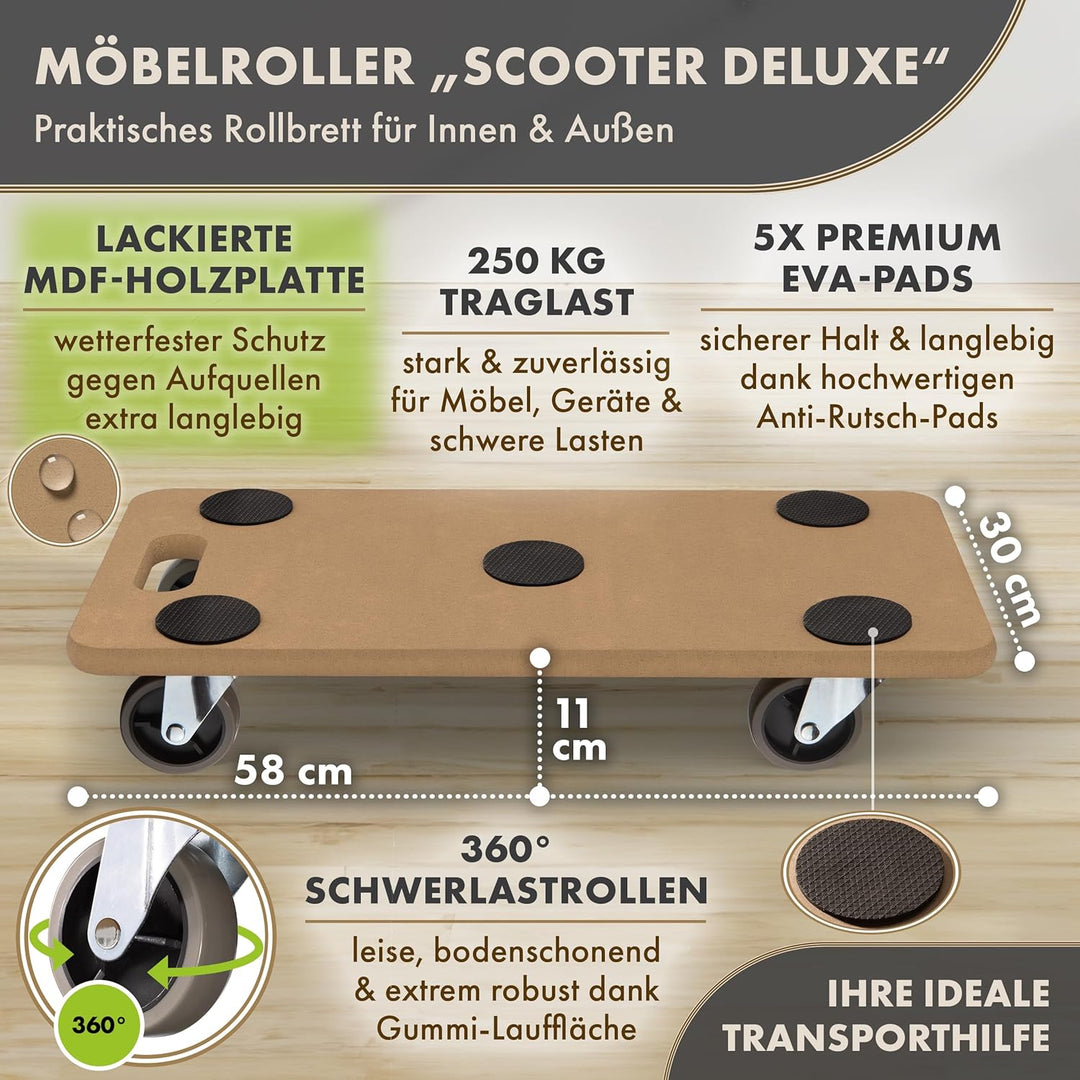 TTL Home Möbelroller Scooter Deluxe 58x30x11cm - 250kg Traglast lackiertes Rollbrett Transportroller