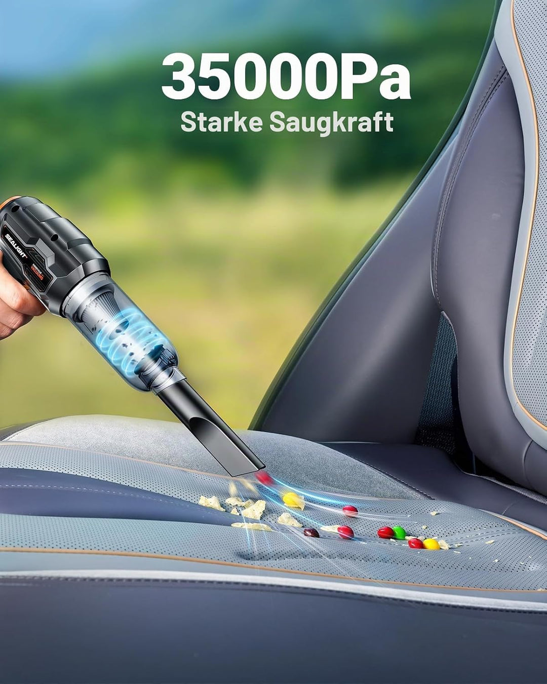 SEALIGHT Handstaubsauger Akku Kabellos, 35000Pa Auto Staubsauger Stark mit 60 Min Laufzeit, 2 Wieder