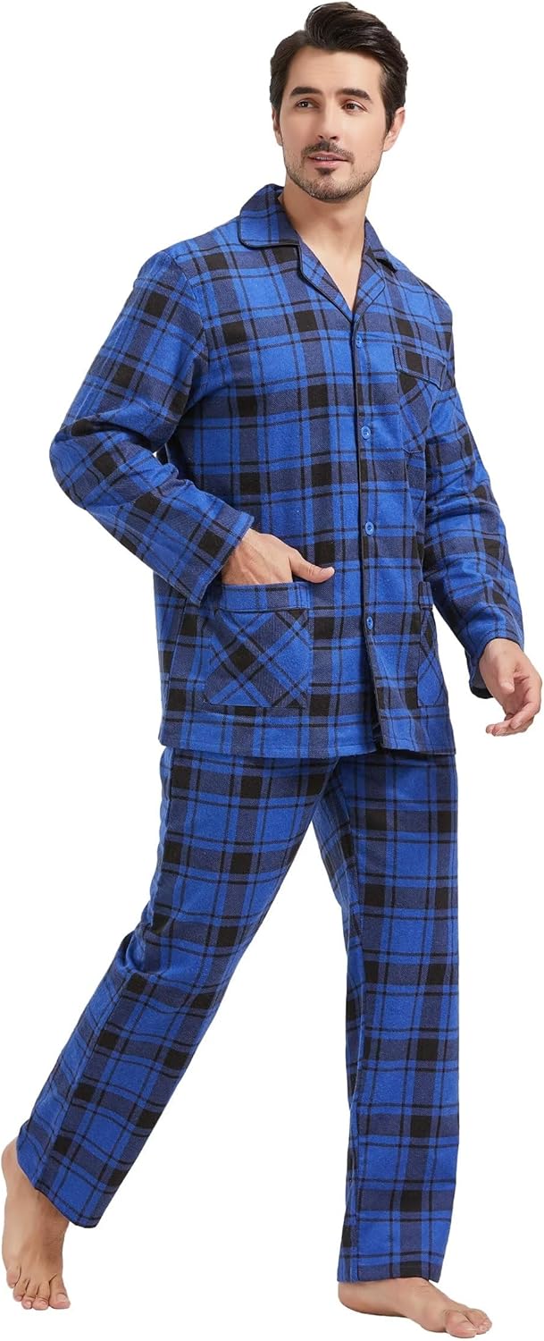 Amaxer Flanell Schlafanzug Herren 100% Baumwolle Pyjama mit Knopfleiste Set Lang Warmer Winter Schla