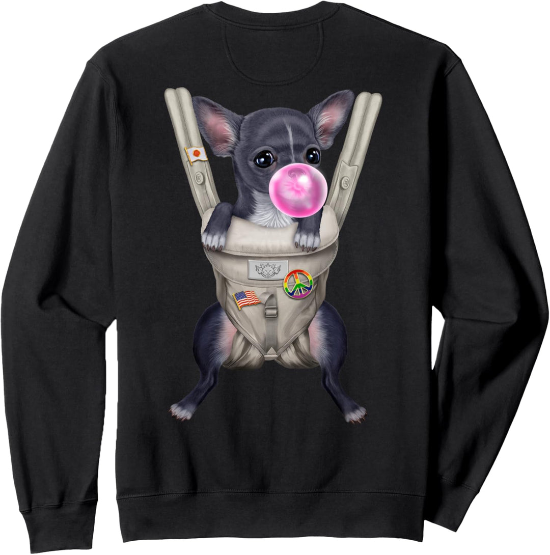 Blauer Chihuahua-Hund mit Kaugummi in der Babytrage Sweatshirt