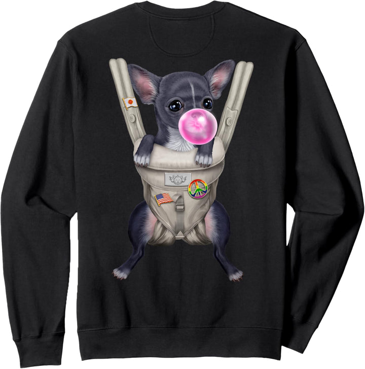 Blauer Chihuahua-Hund mit Kaugummi in der Babytrage Sweatshirt