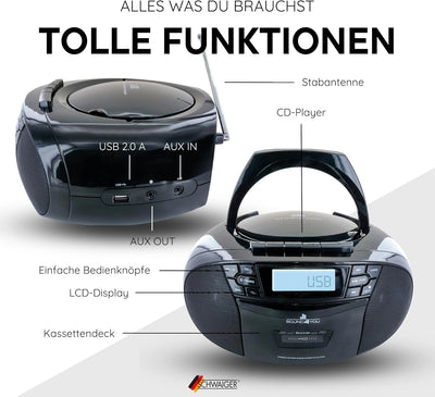 SCHWAIGER 658026 CD-Player mit Kassette und Radio MP3 USB Anschluss FM Radio AUX Kopfhörer Boombox N