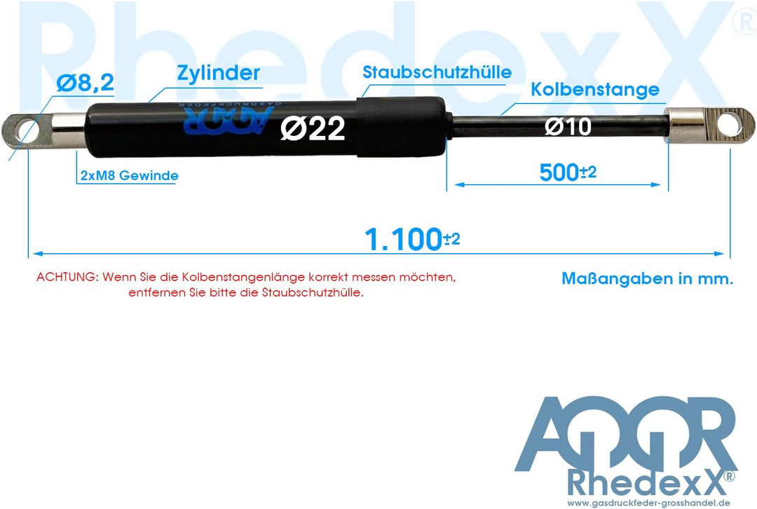 RhedexX® Gasdruckfeder Augeaufnahme 1.100mm/500mm/200N M8 Gewinde Gelenkauge Gasfeder Länge-1100mm,