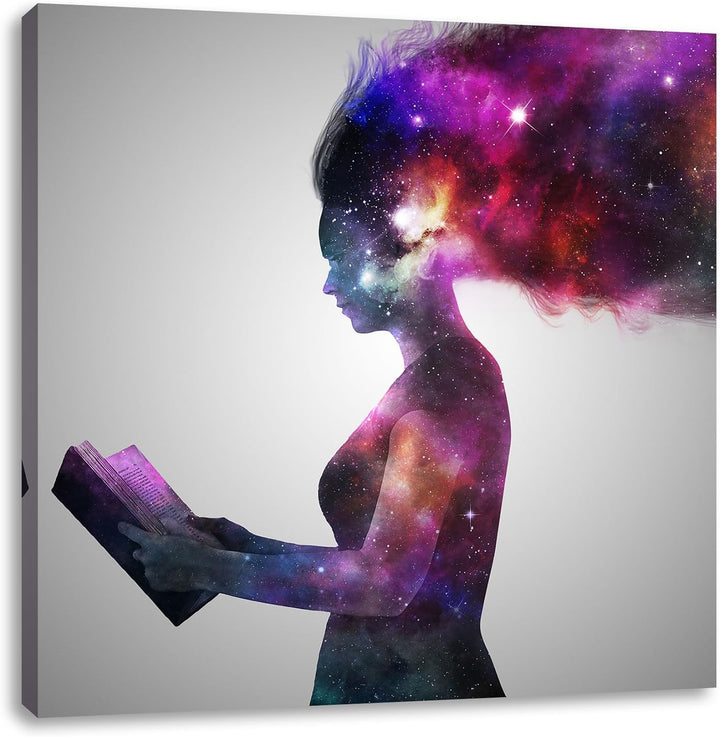 abstrakte Frau mit Buch, Format: 70x70 auf Leinwand, XXL riesige Bilder fertig gerahmt mit Keilrahme